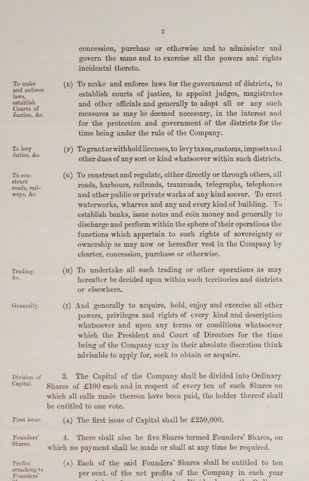 Second page of the agreement, with margin headings such as To make and enforce laws, To levy duties, To construct roads, railways, and Trading.