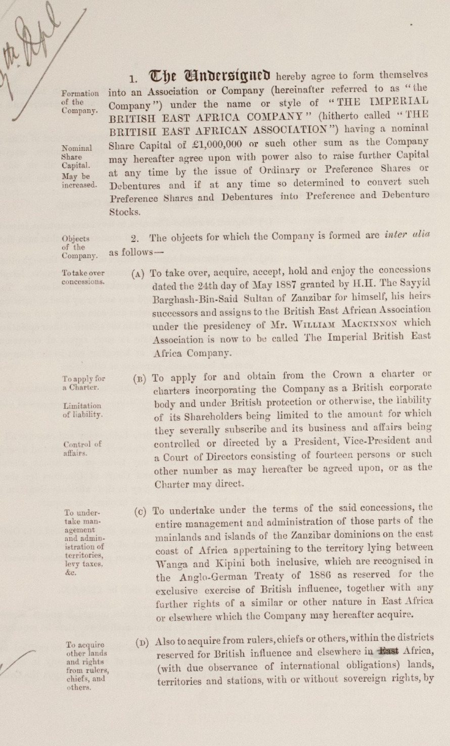 First page of a printed agreement headed The Undersigned, forming the Imperial British East Africa Company, with margin notes and a handwritten date.
