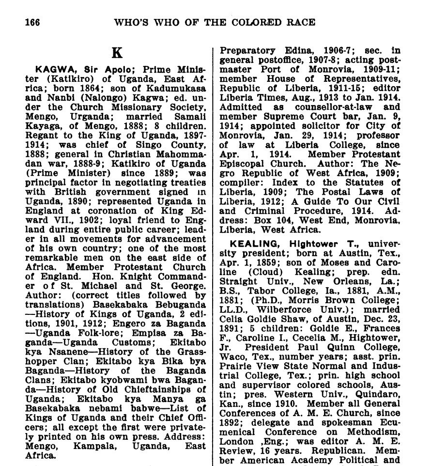 Printed page 166 of Who's Who of the Colored Race, with the entry KAGWA, Sir Apolo, Prime Minister (Katikiro) of Uganda.
