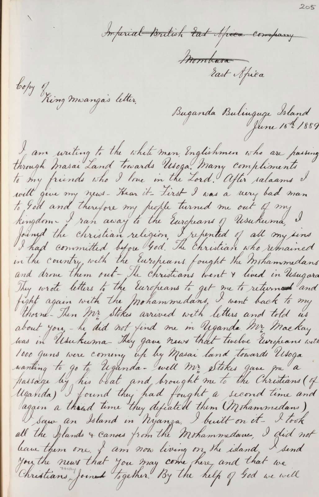 Handwritten page headed Copy of King Mwanga's letter, Buganda, Bulingugwe Island, June 18th 1889, beginning: I am writing to the white men Englishmen who are passing through Masai land.