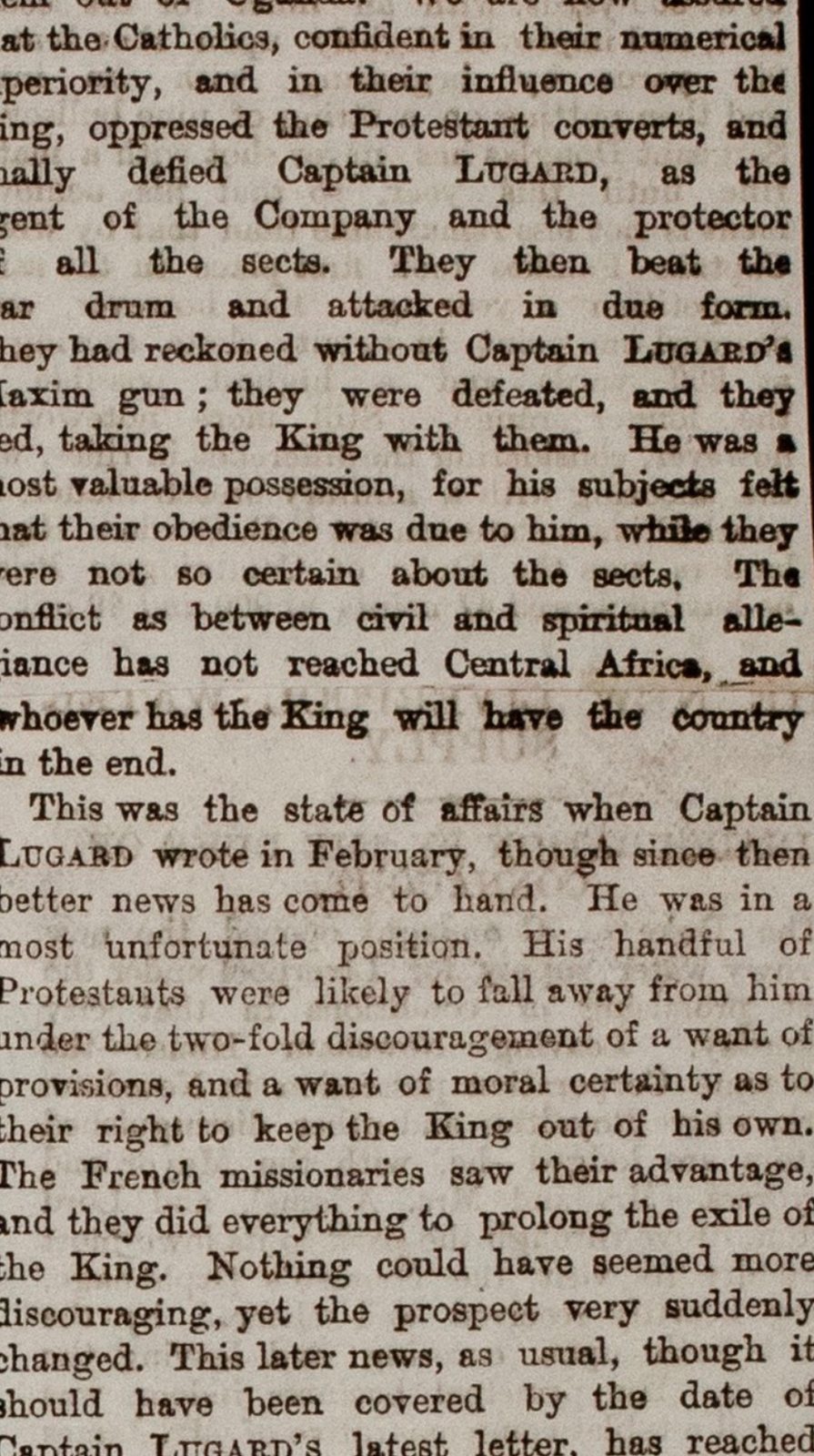 Newspaper column including the line: whoever has the King will have the country in the end.