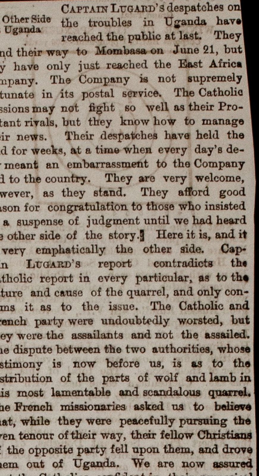 Newspaper column headed The Other Side at Uganda, beginning: Captain Lugard's despatches on the troubles in Uganda have reached the public at last.