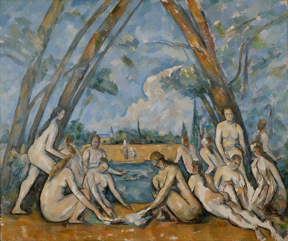 Cézanne's The Large Bathers: nude bathers gathered under arching trees beside a river.