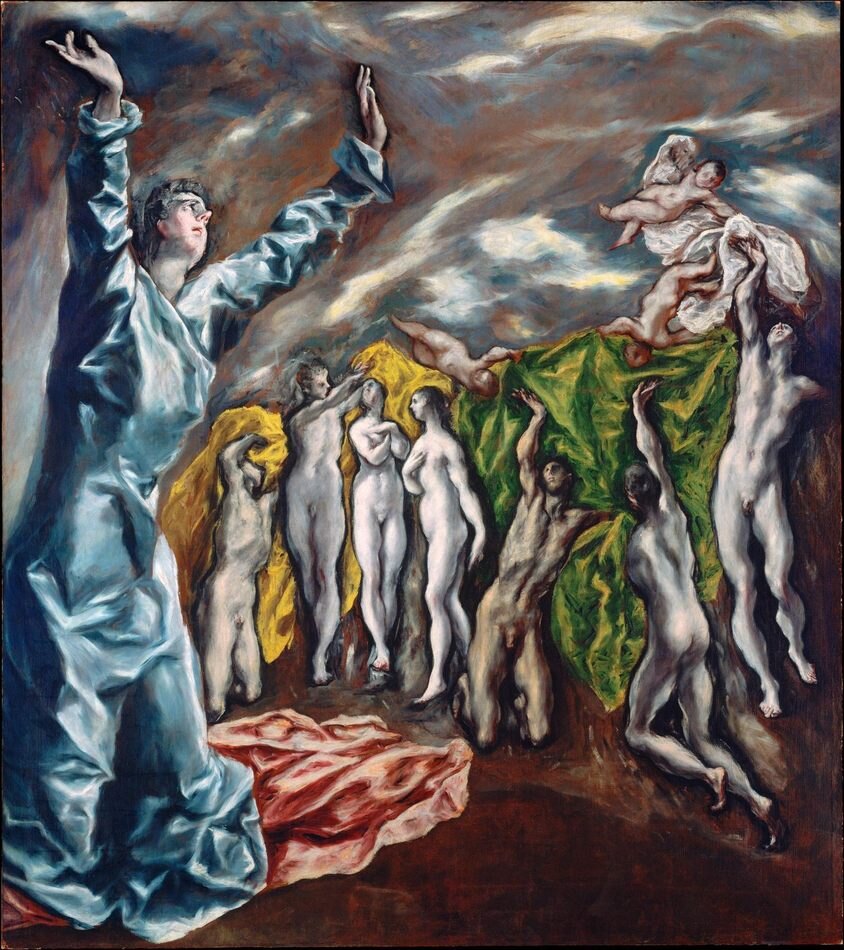 El Greco's The Vision of Saint John: a kneeling figure in blue raises his arms beside elongated nude figures.