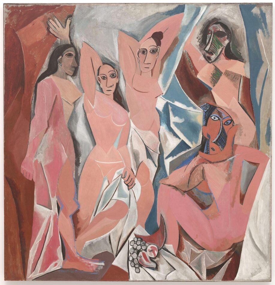 Picasso's Les Demoiselles d'Avignon: five angular nude figures, two with masklike faces, in a compressed space.