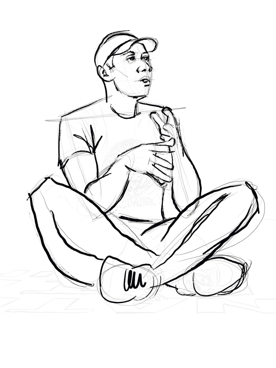 Loose gesture sketch of a cross-legged figure in a cap, hands raised mid-conversation.