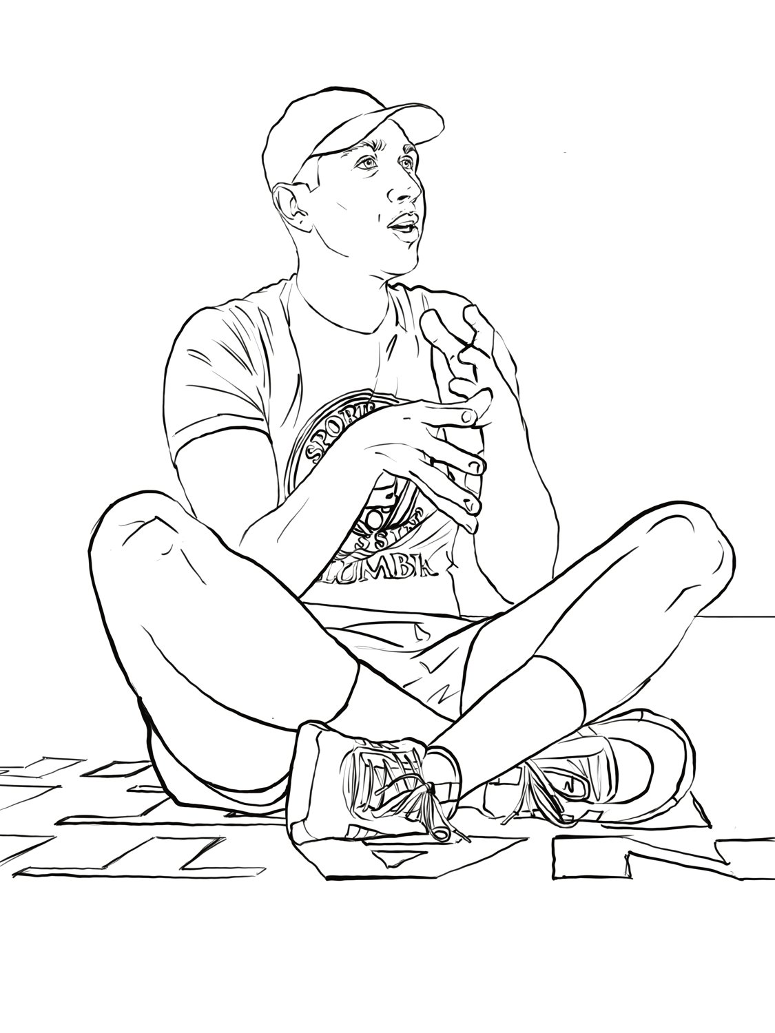 Clean black line drawing of the same seated figure.