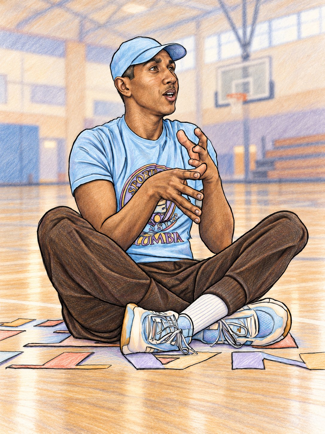 Finished colour drawing of the seated figure in a light blue cap and tee on a wooden basketball court.