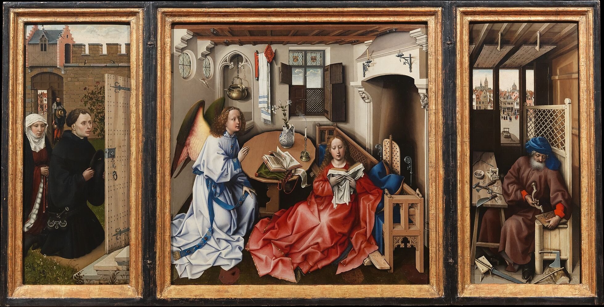 The three panels of the Mérode Altarpiece: kneeling donors at a garden door on the left, the Annunciation in a domestic interior at the centre, and Joseph at work in his carpentry workshop on the right.