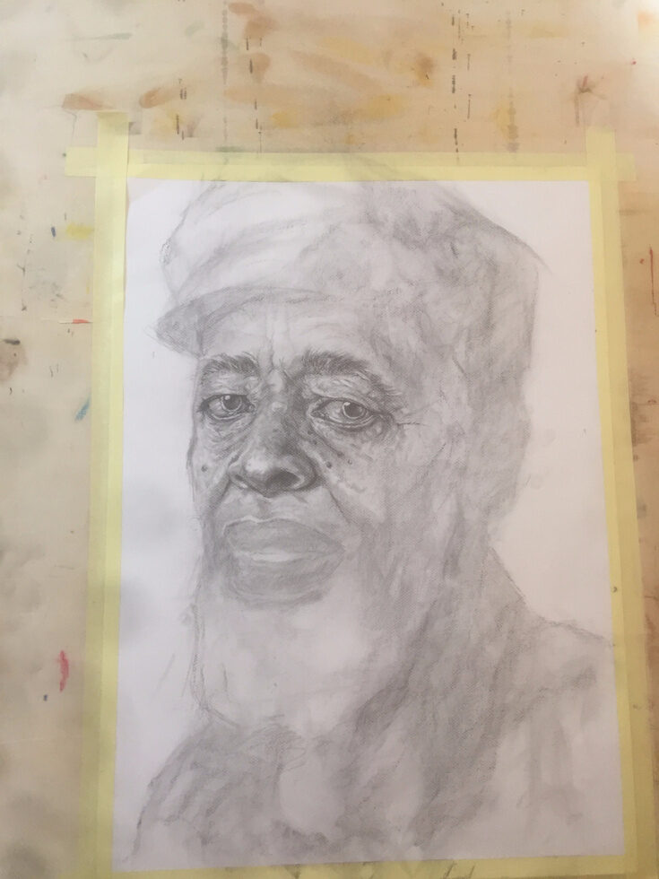 Process, stage two: the cap and features blocked in with soft tone.