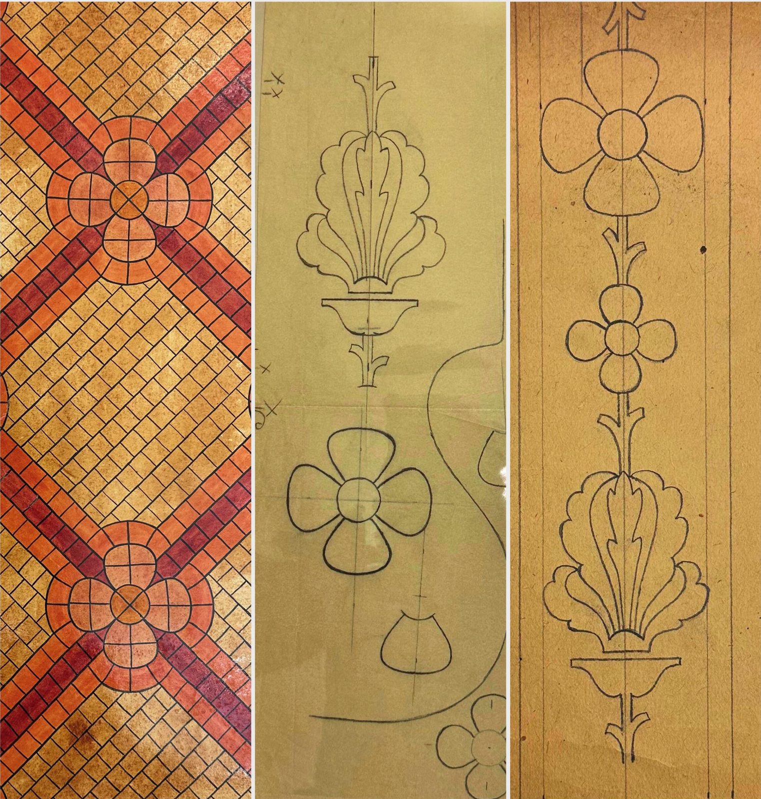 Three vertical panels: a mosaic of red and ochre tesserae with quatrefoil flowers, Krieg's pencil sketch of a palmette and four-petal flower, and the matching border drawing.