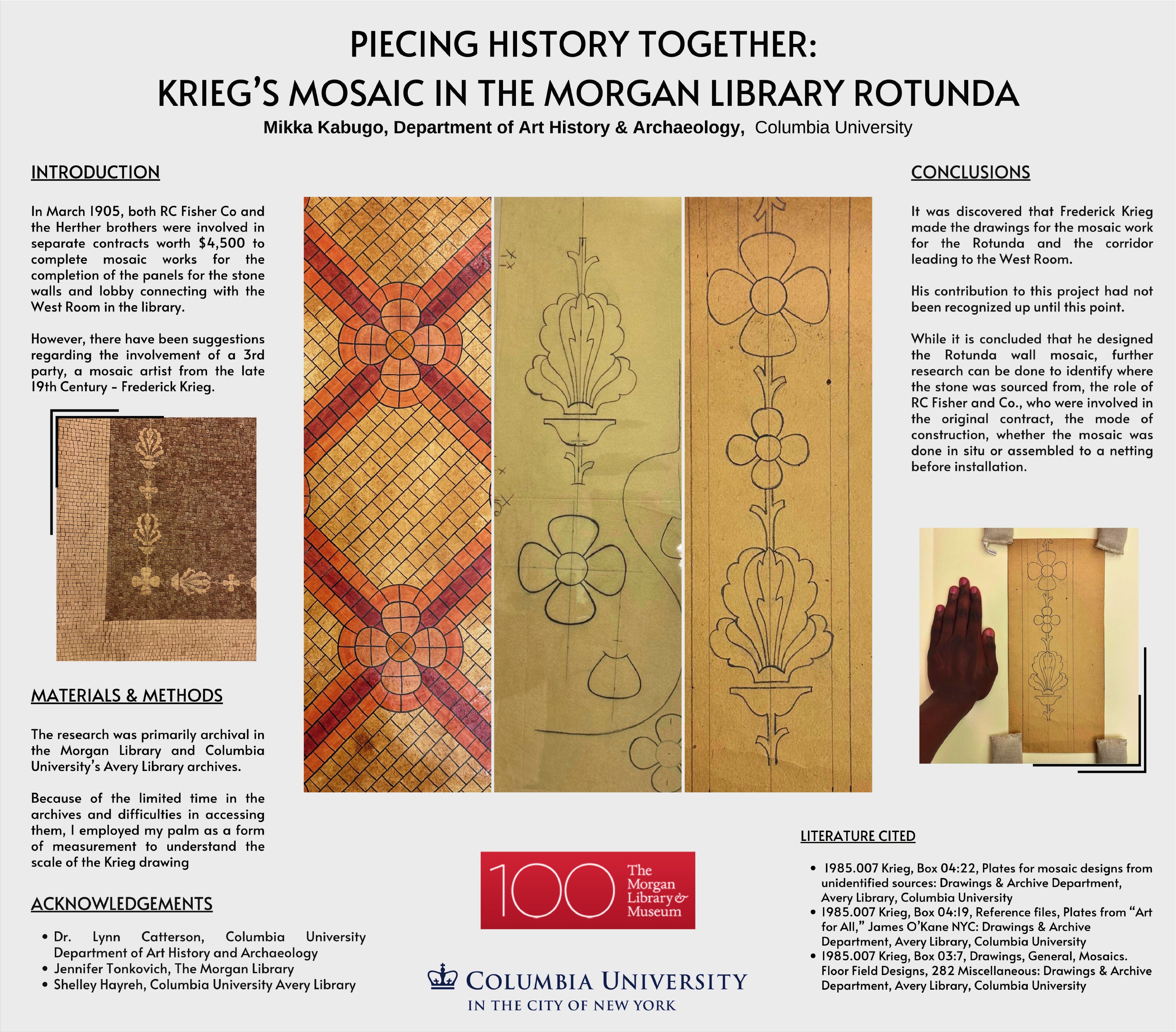 The full research poster, Piecing History Together: Krieg's Mosaic in the Morgan Library Rotunda, with the archive drawings, mosaic photographs and findings laid out in panels.
