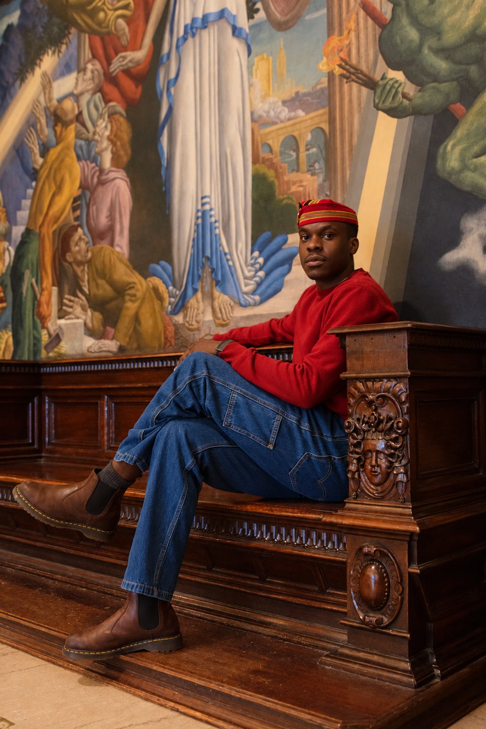 Mikka Kabugo in a red sweater and cap, seated on a carved wooden bench in front of a large painted mural.