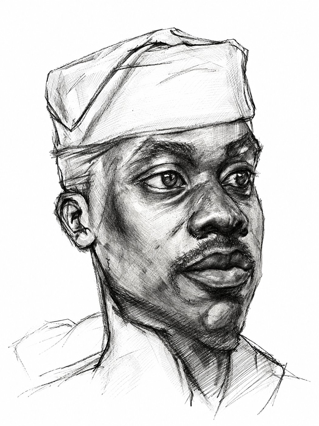 Crosshatched ink and pencil self-portrait of Mikka Kabugo in a cap, looking to the side.