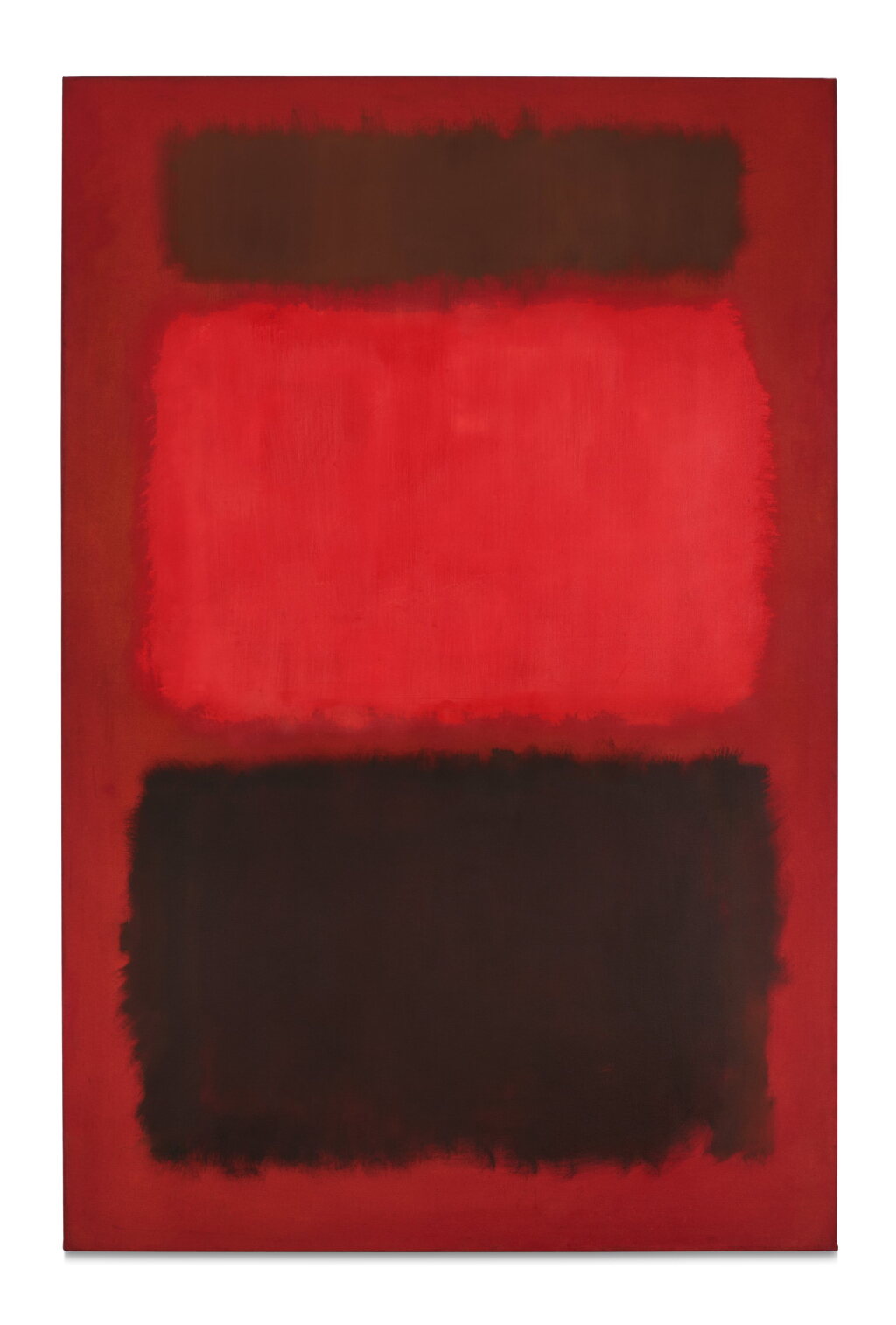 Mark Rothko, Brown and Blacks in Reds, 1957: a tall canvas of deep red ground holding a dark brown rectangle above a broad black band.