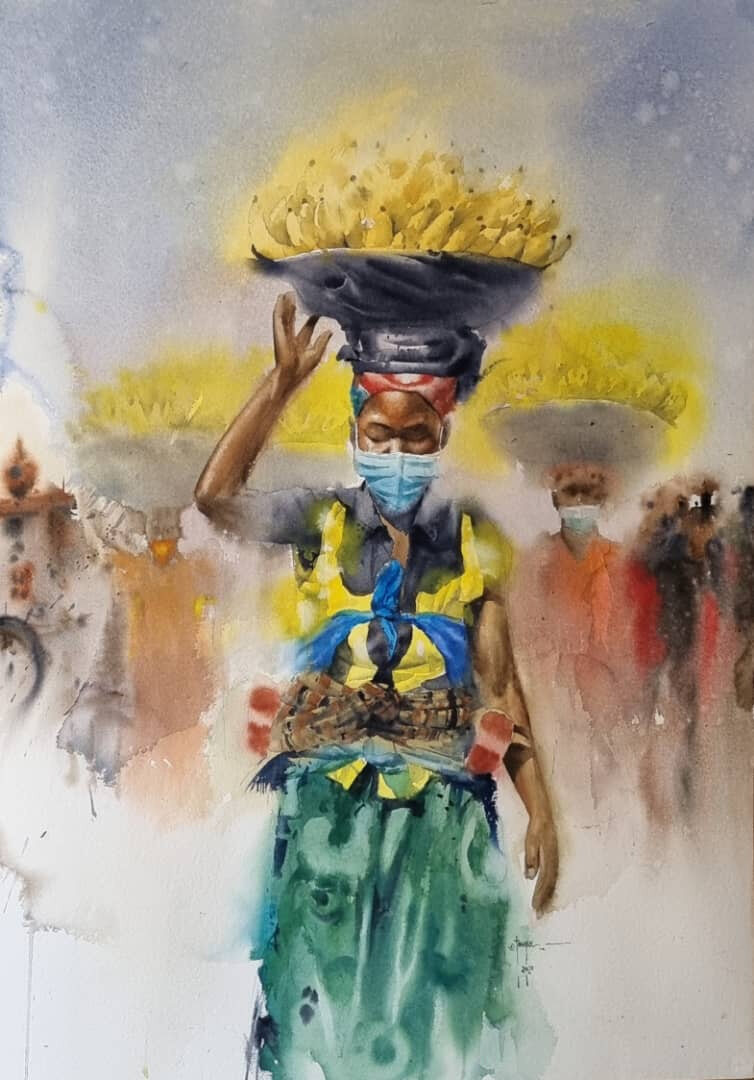 Watercolour of a woman in a light blue face mask balancing a basket of yellow bananas on her head, with other vendors behind her.