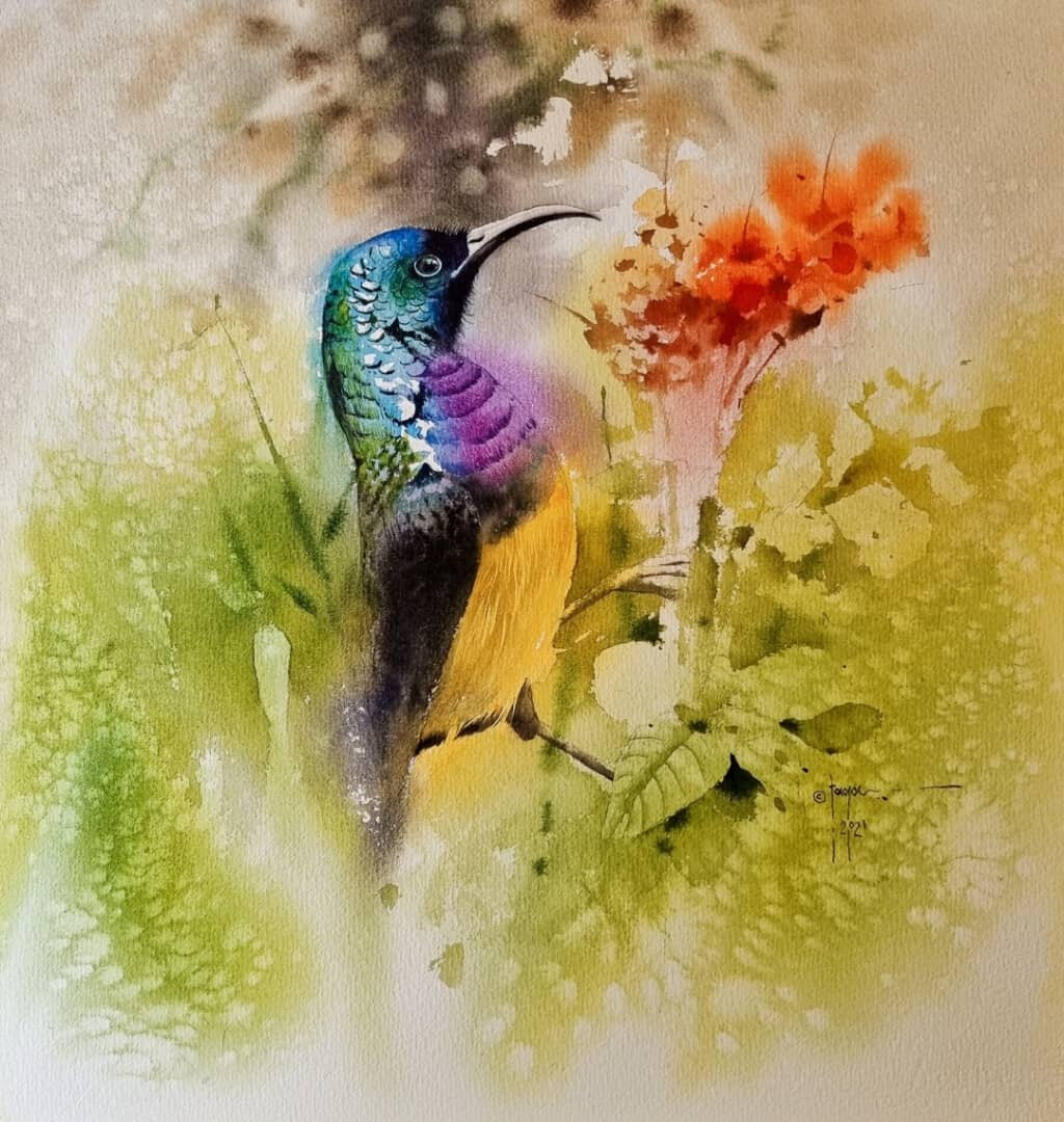 Watercolour of an iridescent sunbird with a long curved beak beside red-orange flowers on a pale green ground.