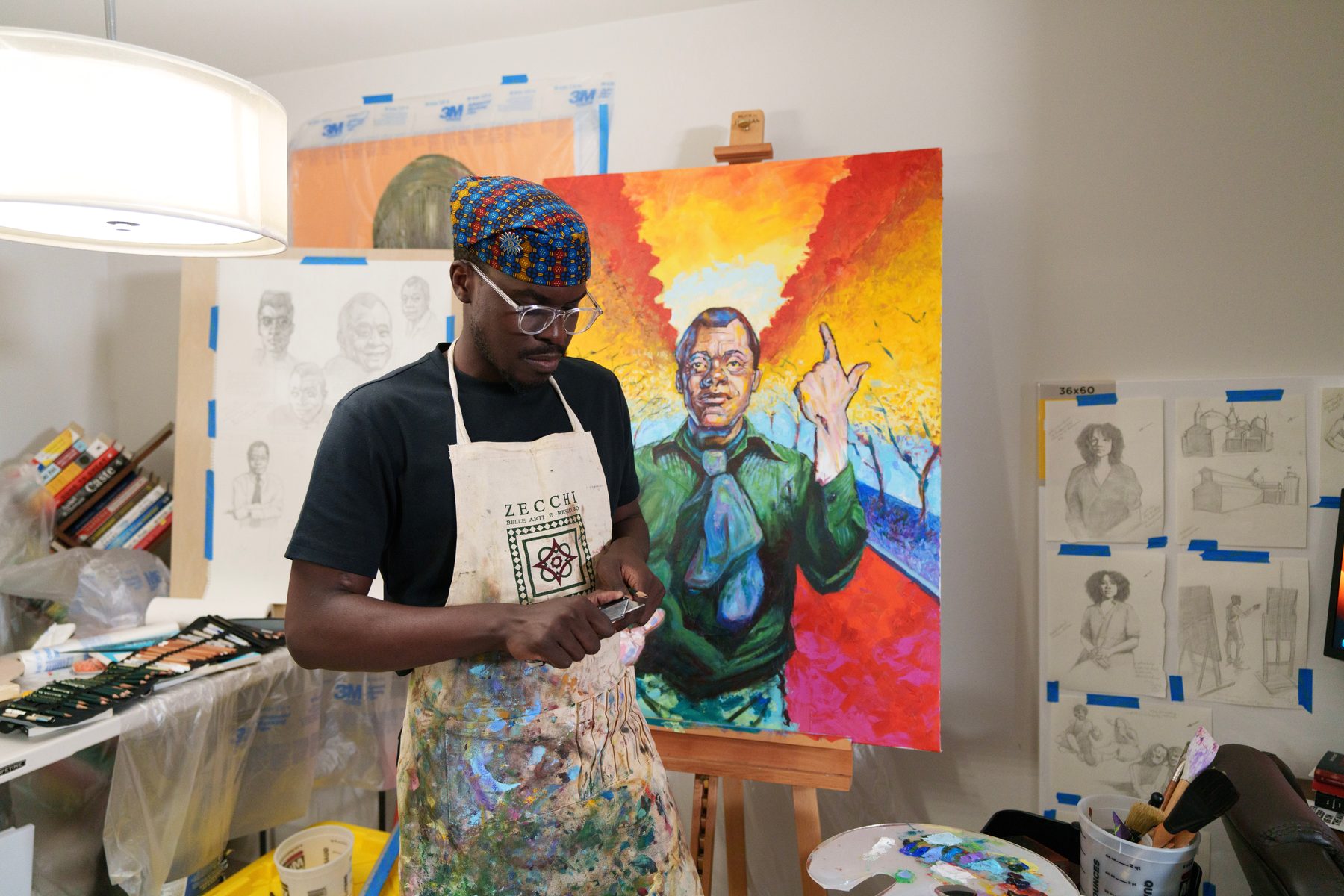 Mikka Kabugo in a paint-covered apron sharpening a pencil in front of a large, vivid portrait of James Baldwin on an easel, with pencil studies taped to the walls.