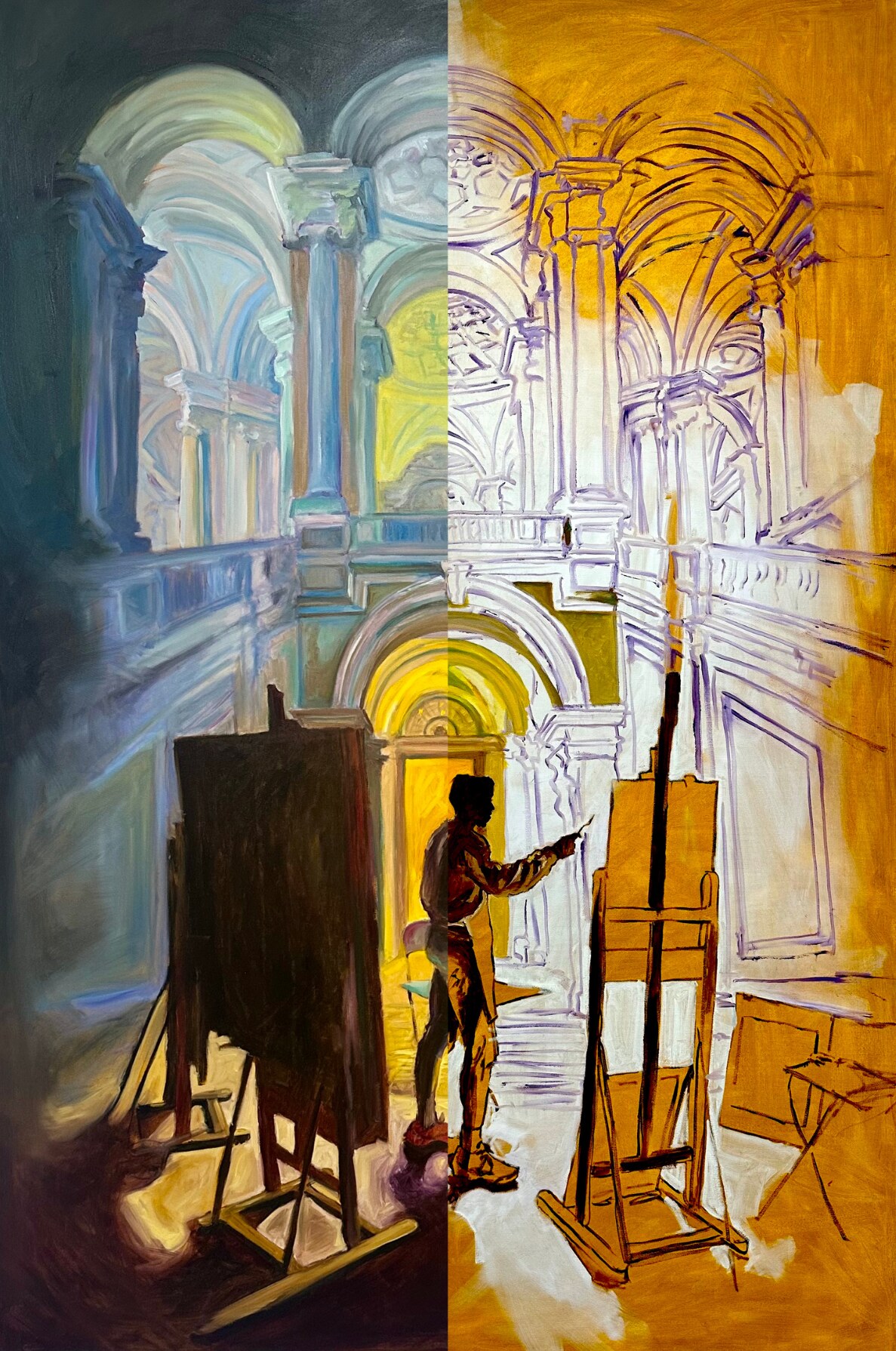 Studio Akkim 514 shown in two states: on the left the finished painting of a painter at an easel in a lit domed hall; on the right the same scene as purple line drawing on an ochre wash.