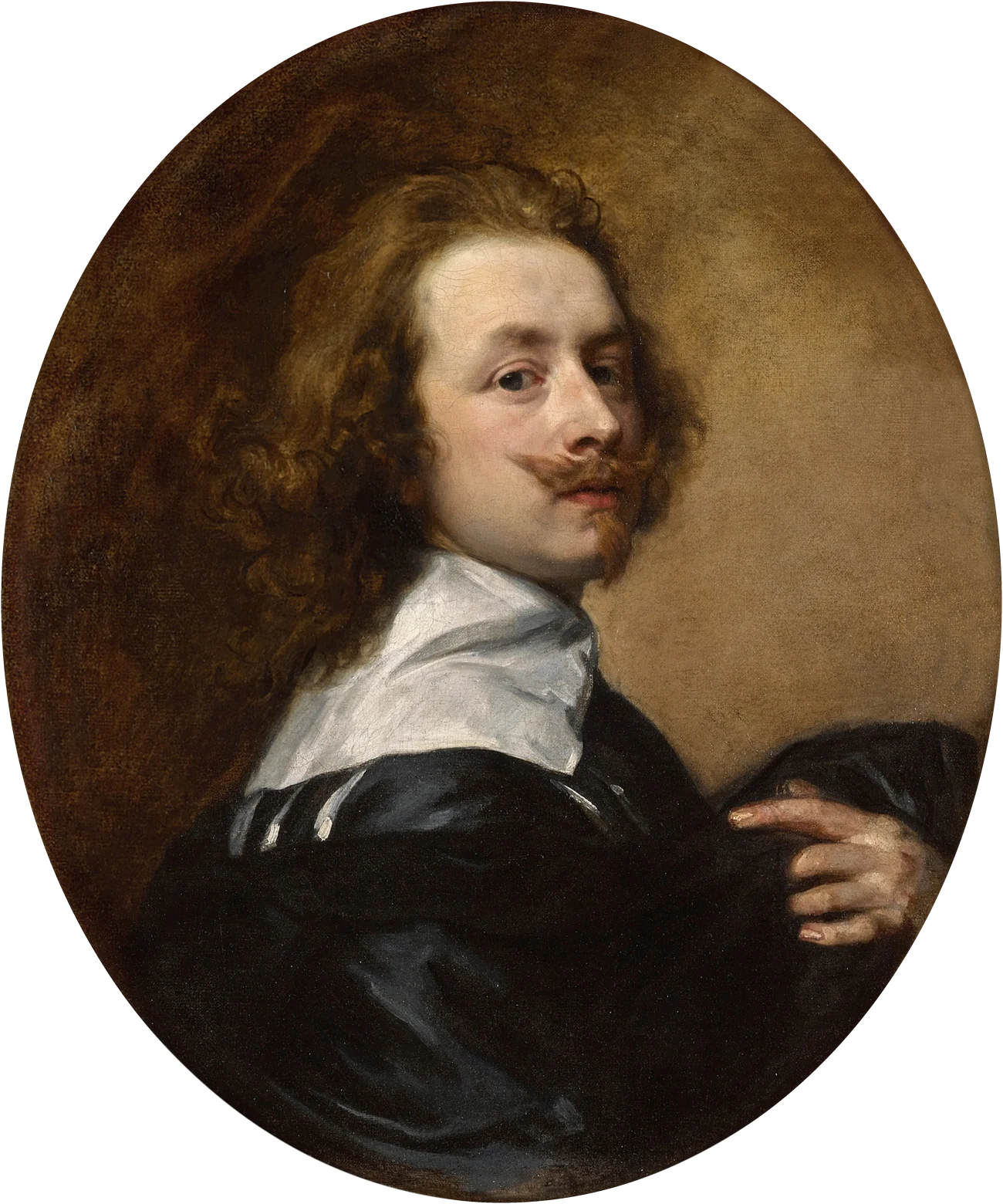 Oval self-portrait of Anthony van Dyck: a young man with long auburn hair and an upturned mustache looks back over his shoulder, wearing a broad white collar and a dark cloak gathered in his raised left hand.